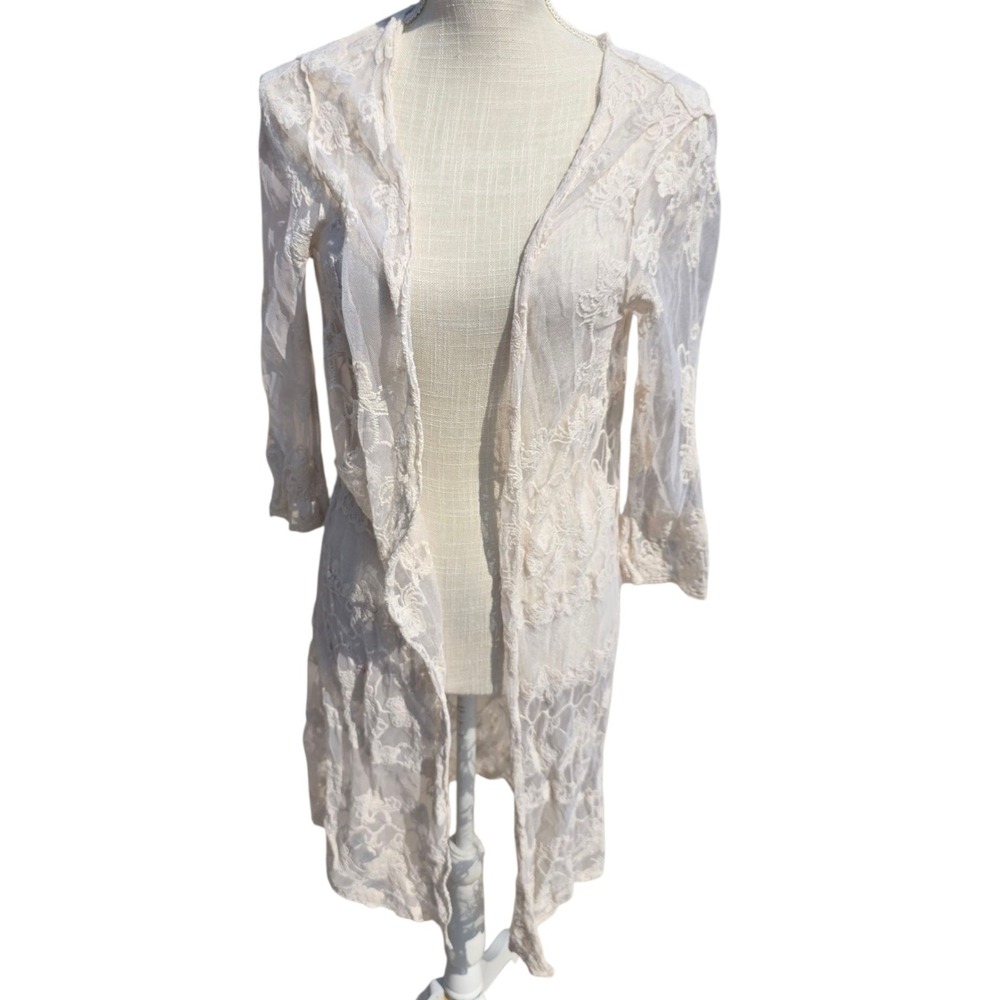 Cato Small Lace Duster Kimono Open Front Sheer Cover Up Boho Cardigan Size Small